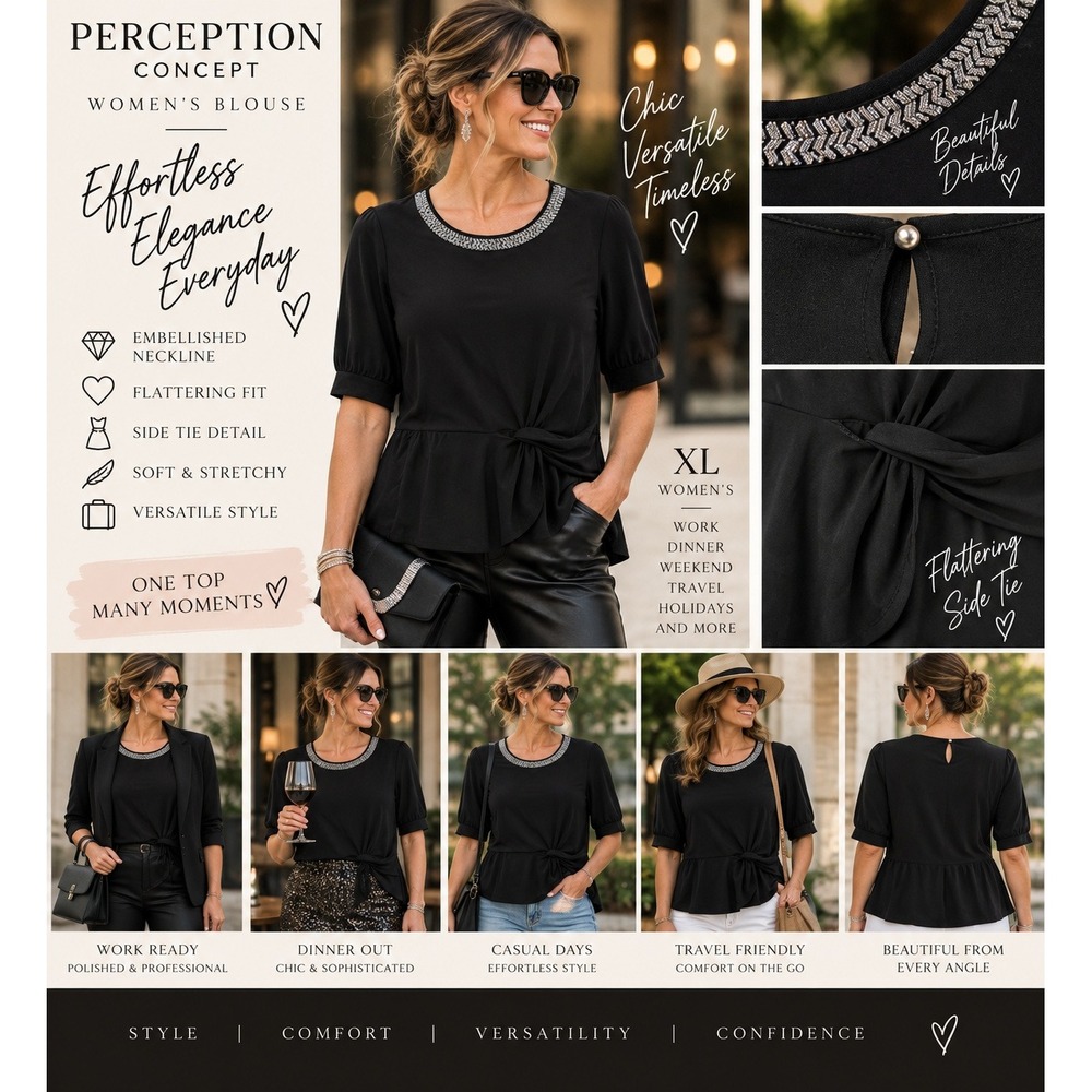 Perception Concept Black Beaded Neckline Peplum Twist Front Top XL Feminine Glam